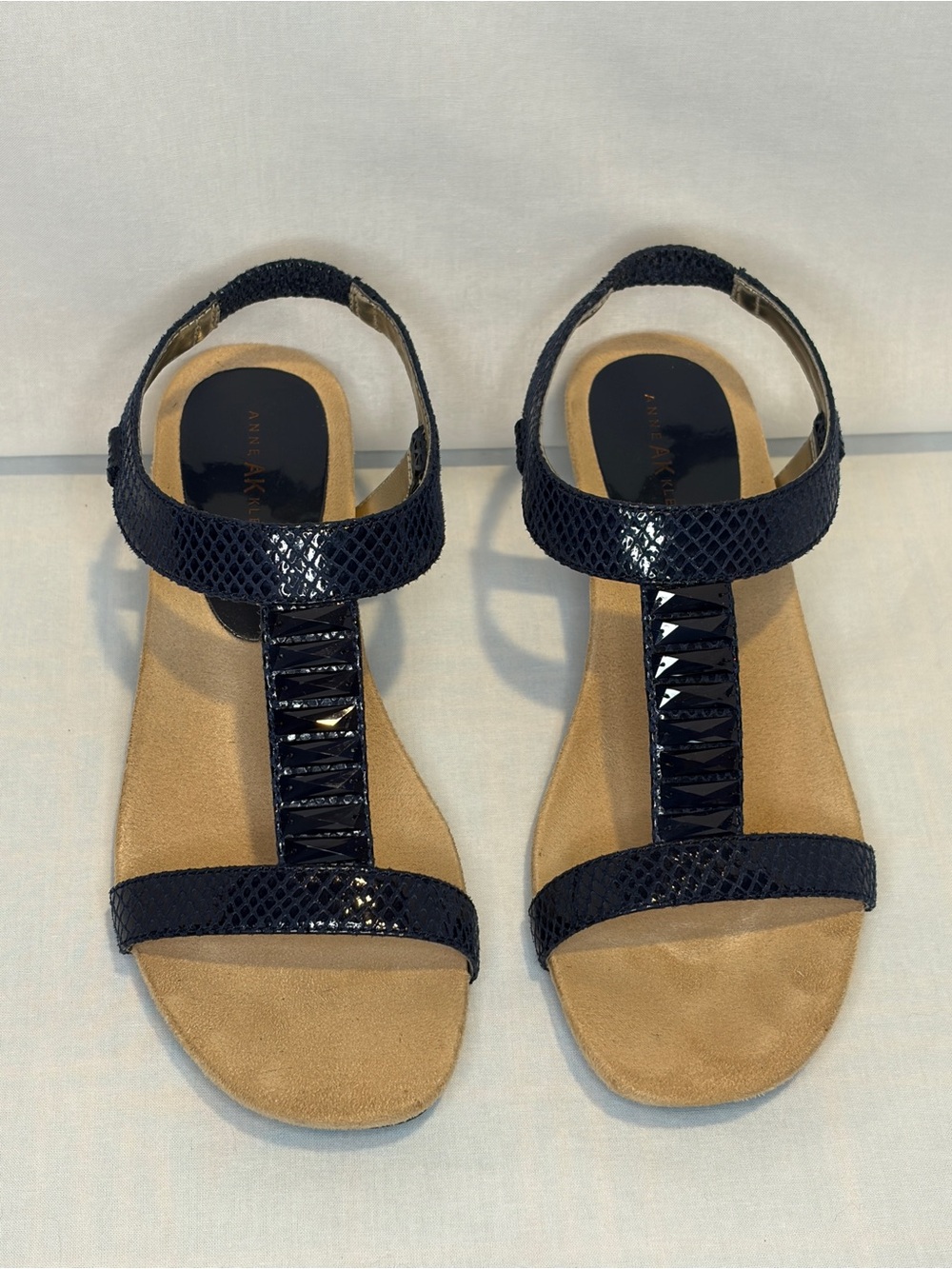 Anne Klein iFlex T-Strap Wedge Sandals – Navy – Size 7M